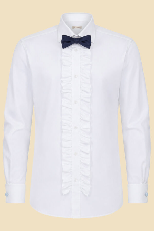 White Ruffled-Placket Tuxedo Shirt
