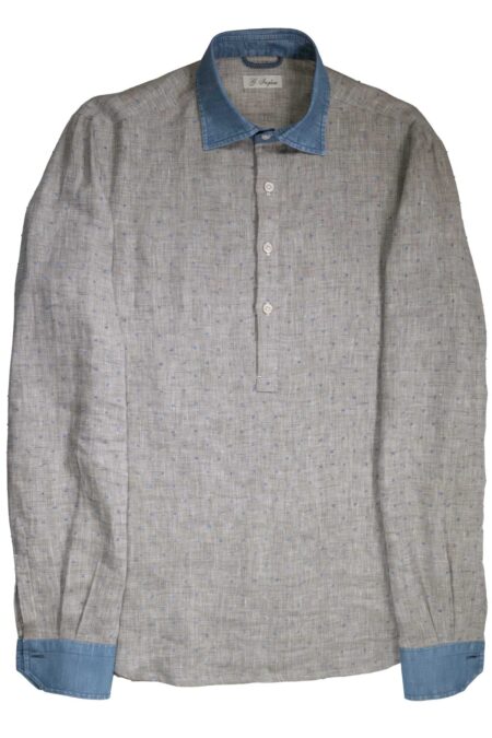 Grey Linen Gianni Agnelli Polo with Denim Collar