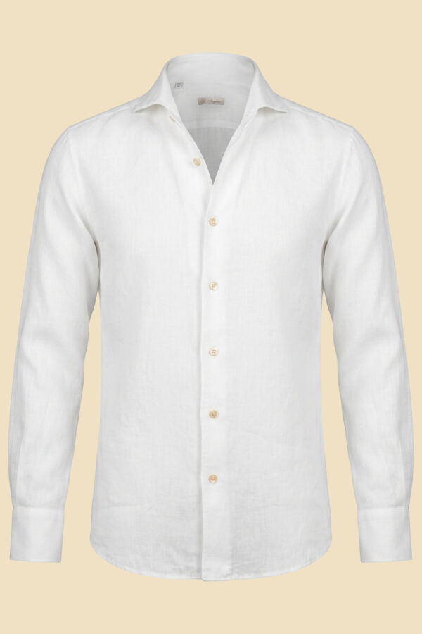 G. Inglese White Cervia Linen Shirt handmade in Italy with wide one-piece collar