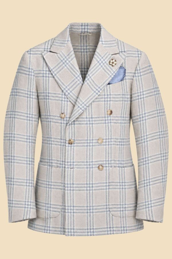 Sky Blue & Off-White Prince of Wales Double-Breasted Jacket