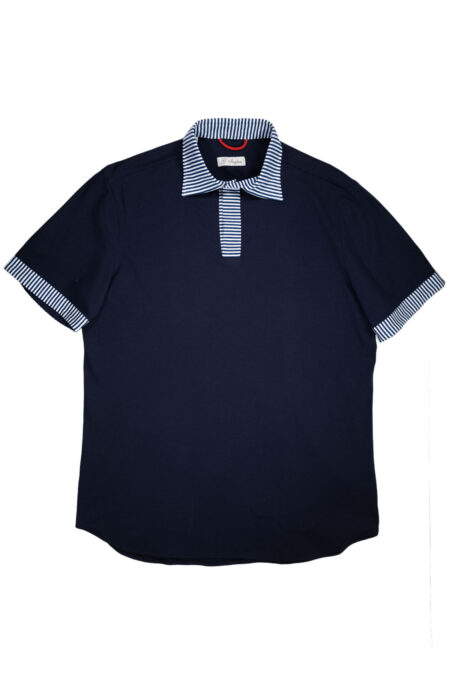 Blue Jersey Redford Polo with Striped Collar