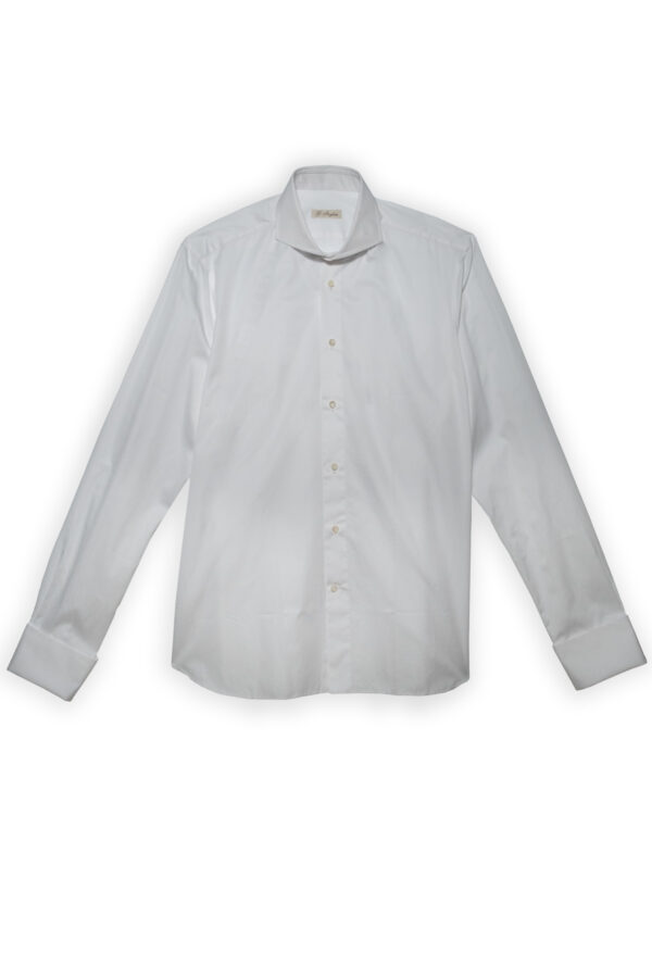 White Alumo royal cotton deluxe shirt – front view with French cuffs and handmade collar