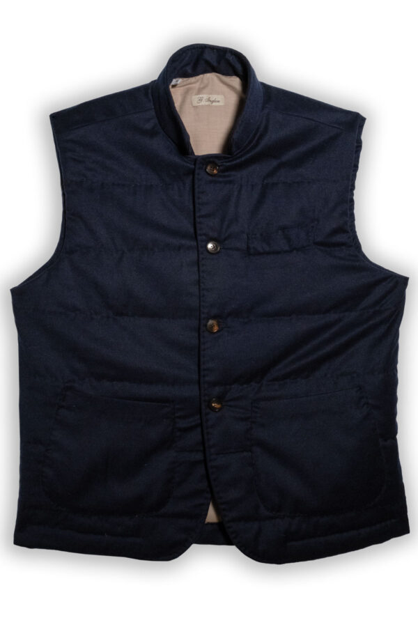 Blue cashmere padded gilet with Mandarin collar and horn buttons