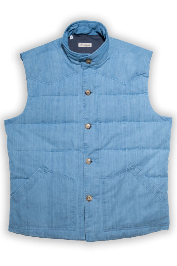 Light blue denim padded gilet with western yoke and horn buttons