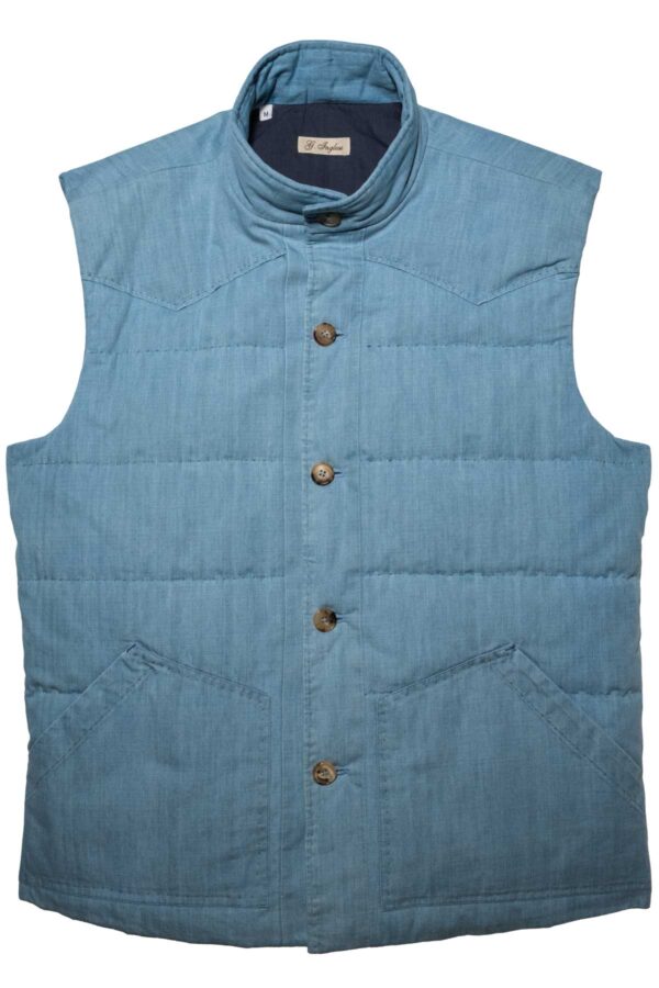 Light blue denim padded gilet with western yoke and horn buttons