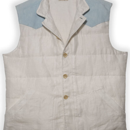 White linen gilet with light denim western shoulders and buttons