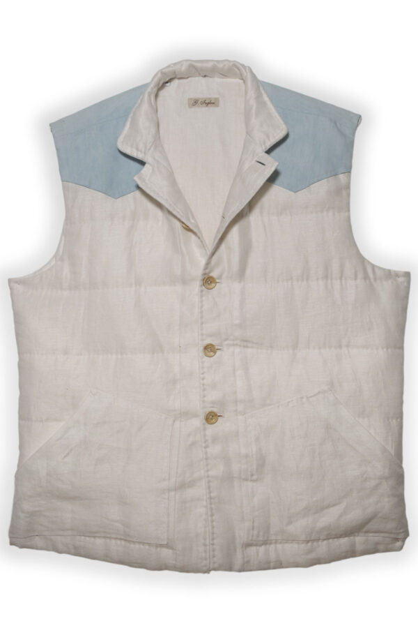 White linen gilet with light denim western shoulders and buttons