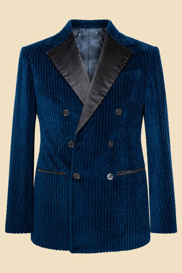 Blue Corduroy Double-Breasted Jacket with Black Silk Lapels