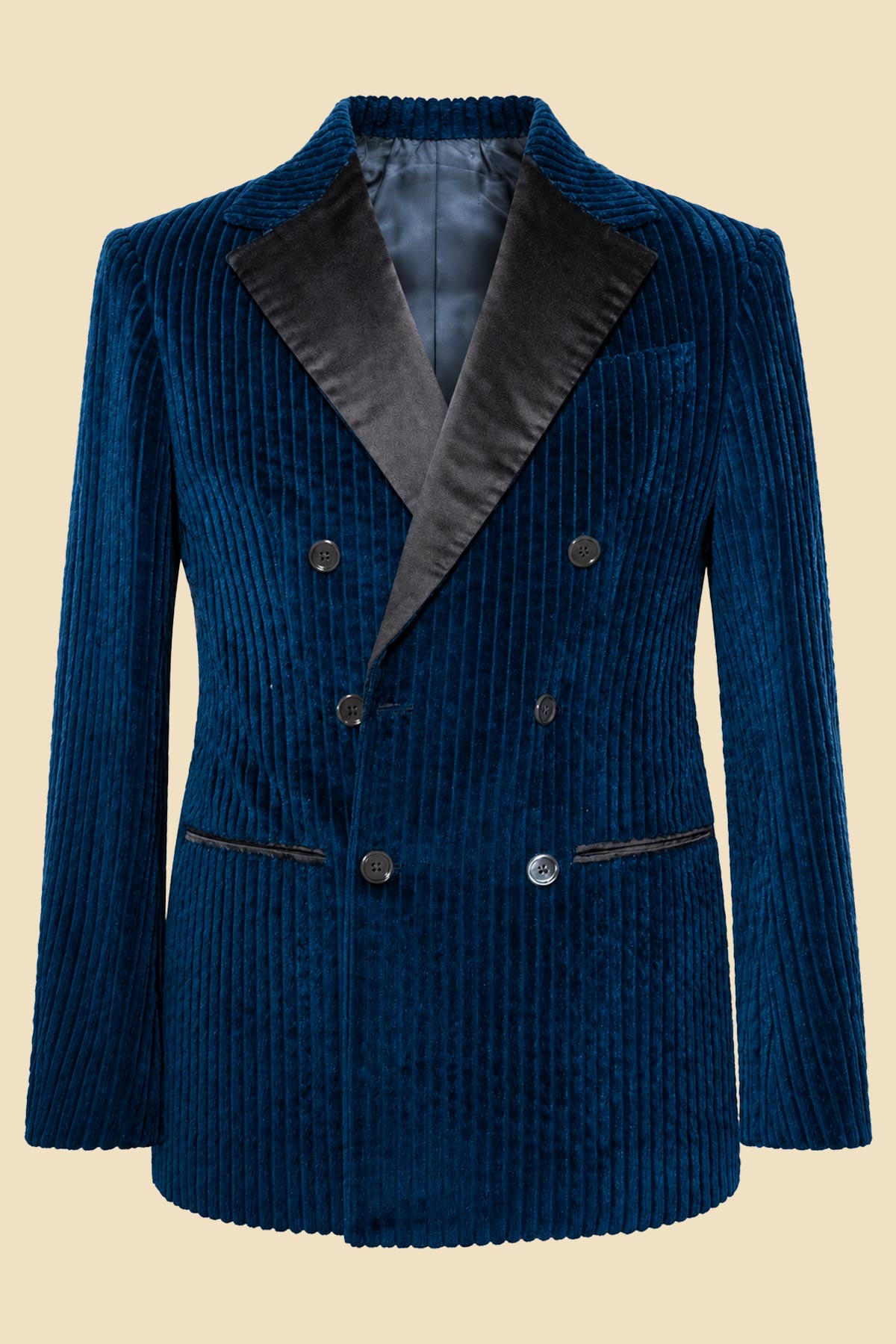 Blue Corduroy Double-Breasted Jacket with Black Silk Lapels