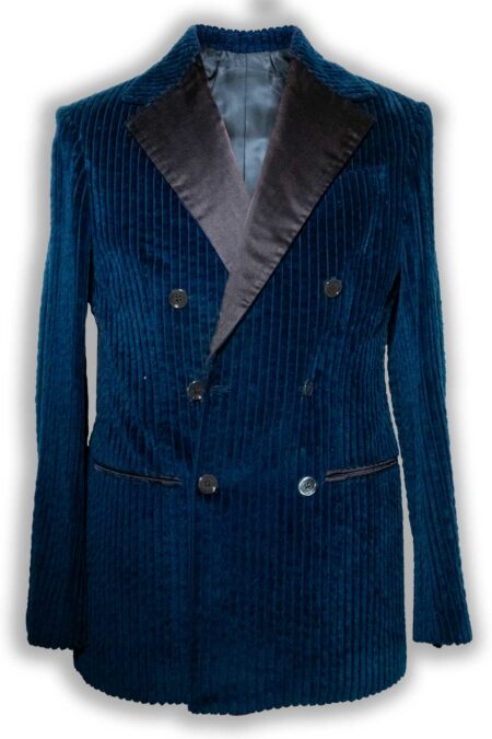 Blue Corduroy Double-Breasted Jacket with Silk Lapels