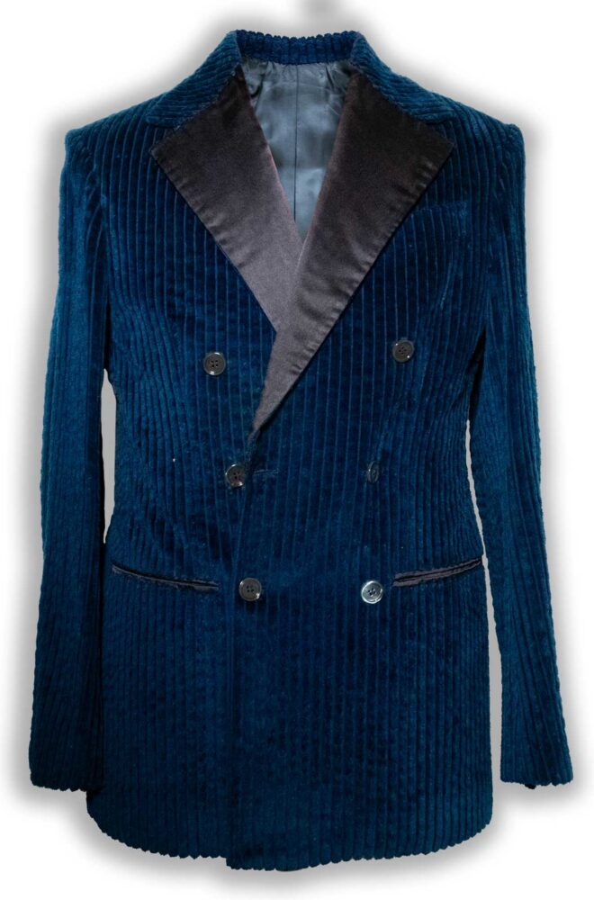 Blue Corduroy Double-Breasted Jacket with Silk Lapels