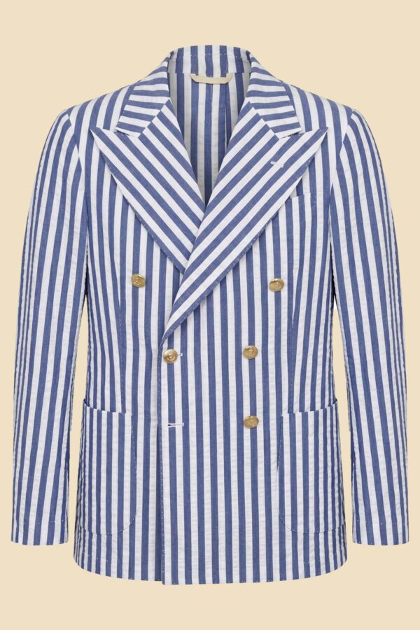 G. Inglese Blue and White Striped Seersucker Double-Breasted Jacket handmade in Italy