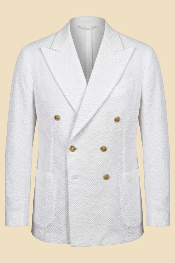 G. Inglese White Seersucker Double-Breasted Jacket handmade in Italy