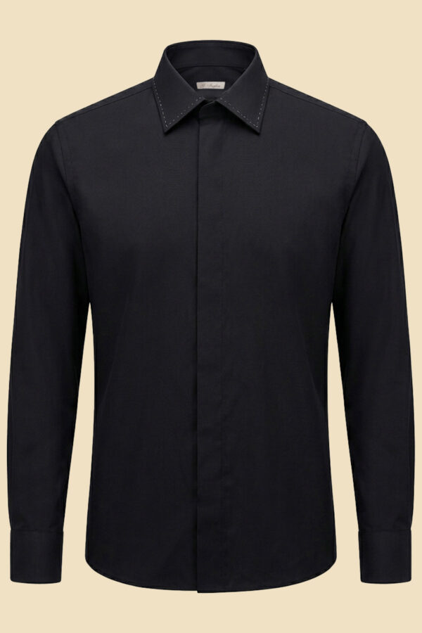 G. Inglese Black Tasmanian Wool Covered Placket Shirt handmade in Italy