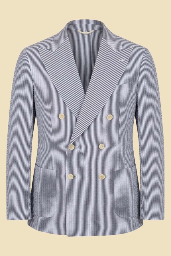 G. Inglese Blue and White Fine Stripe Seersucker Double-Breasted Jacket handmade in Italy