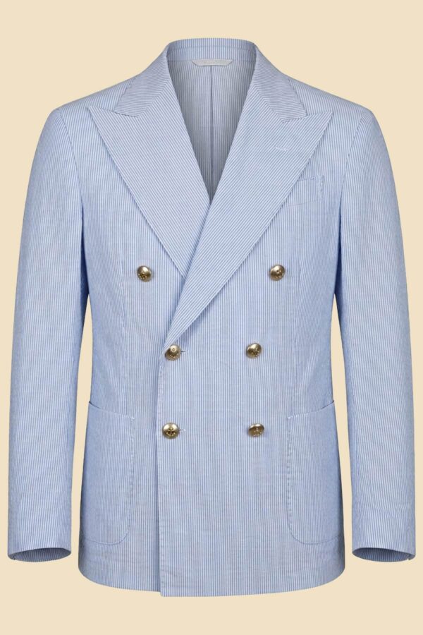 G. Inglese Blue and White Fine Stripe Cotton Double-Breasted Jacket handmade in Italy
