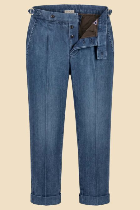 Stone-Washed Denim Pleated Trousers