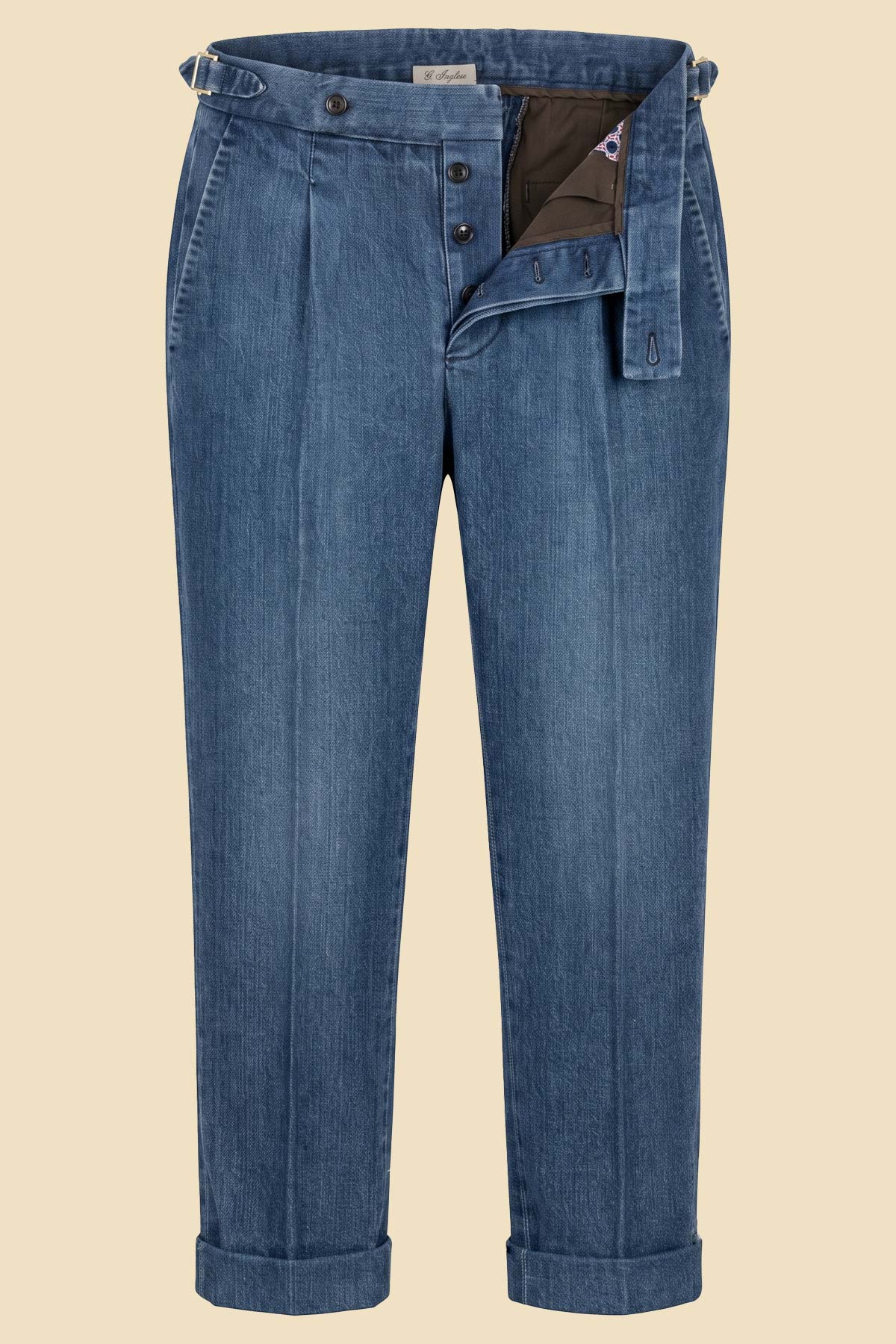 Stone-Washed Denim Pleated Trousers