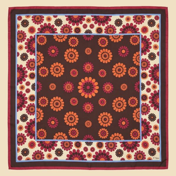 Pure Silk Bordeaux Foulard with Sunburst Rosette Motif