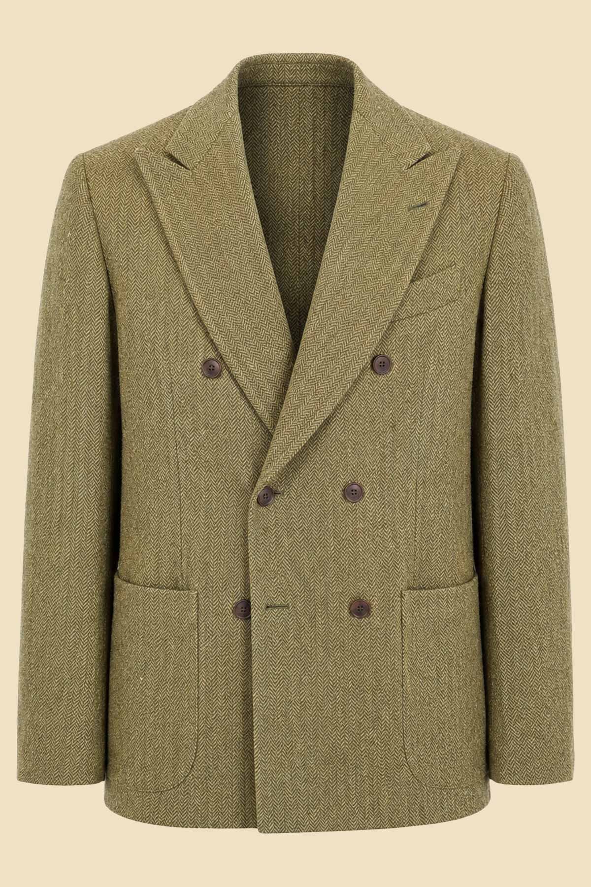 Green Herringbone Tweed Double-Breasted Jacket