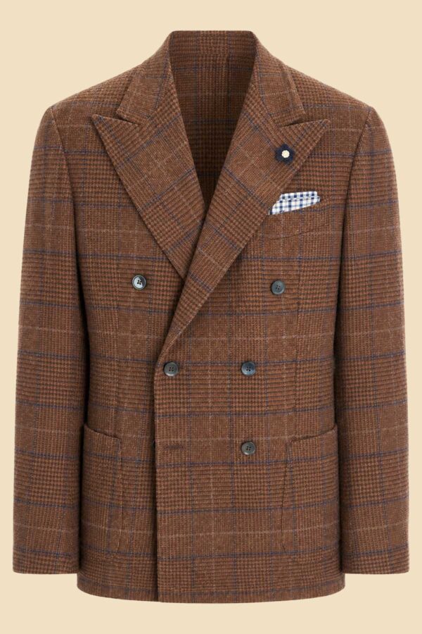 Brown Prince of Wales Wool Double-Breasted Jacket