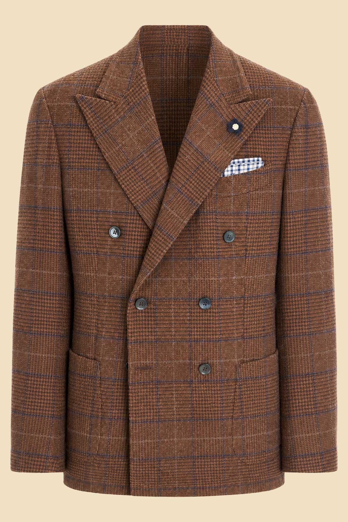 Brown Prince of Wales Wool Double-Breasted Jacket